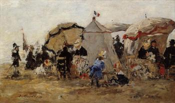 尤金 佈丹 Woman and Children on the Beach at Trouville